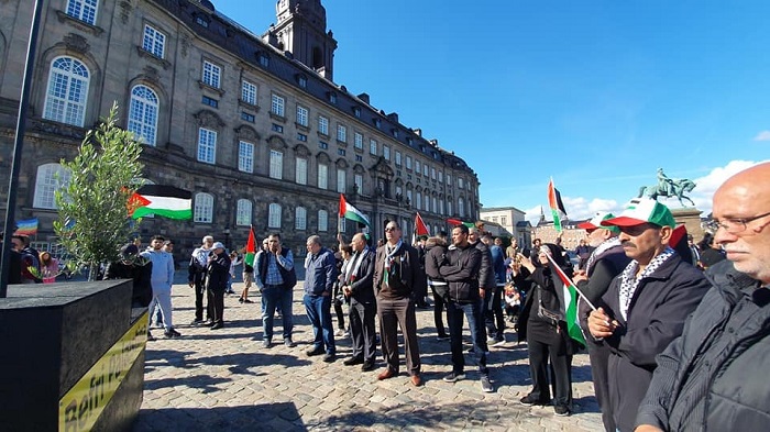 Palestinian and Arab expatriates and Danish officials at the flag hoisting ceremony at the Danish Parliament building.