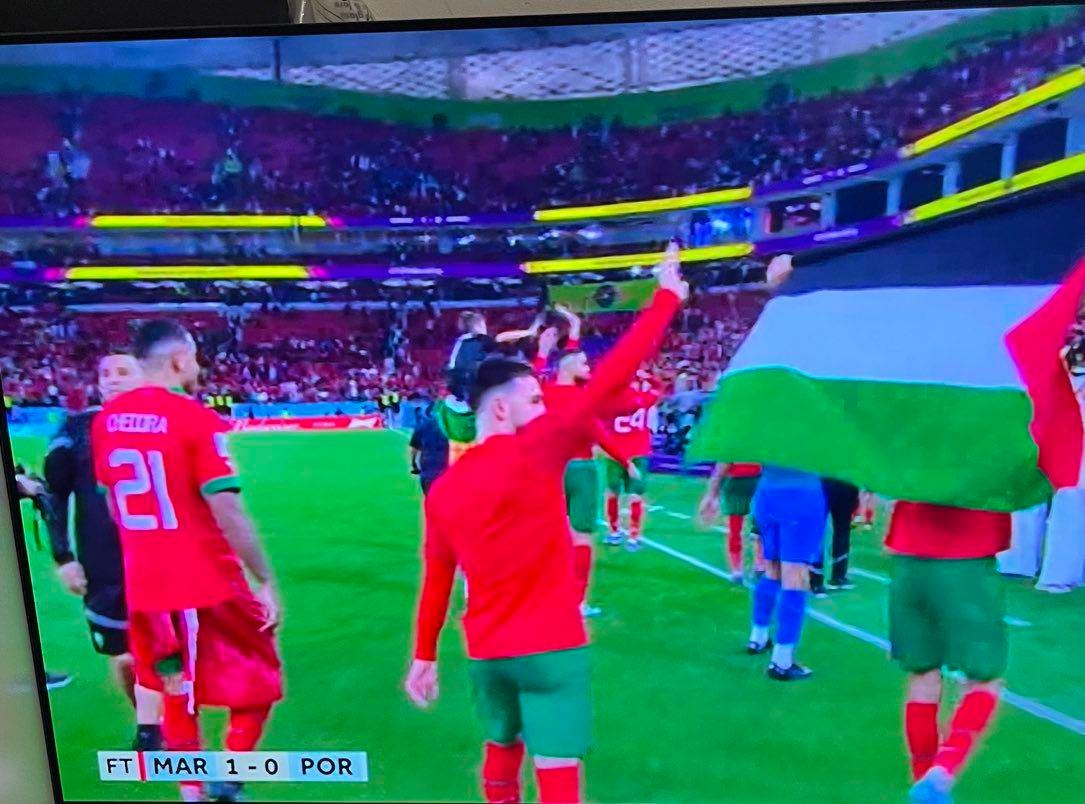 Morocco’s Atlas Lions celebrate historic win with flags of Palestine 