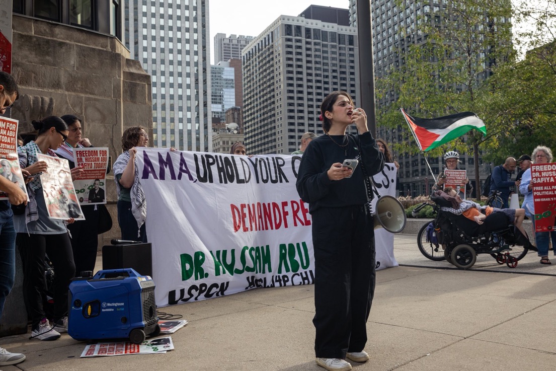 Palestinian community  in Chicago protests Israel's detention of medical workers