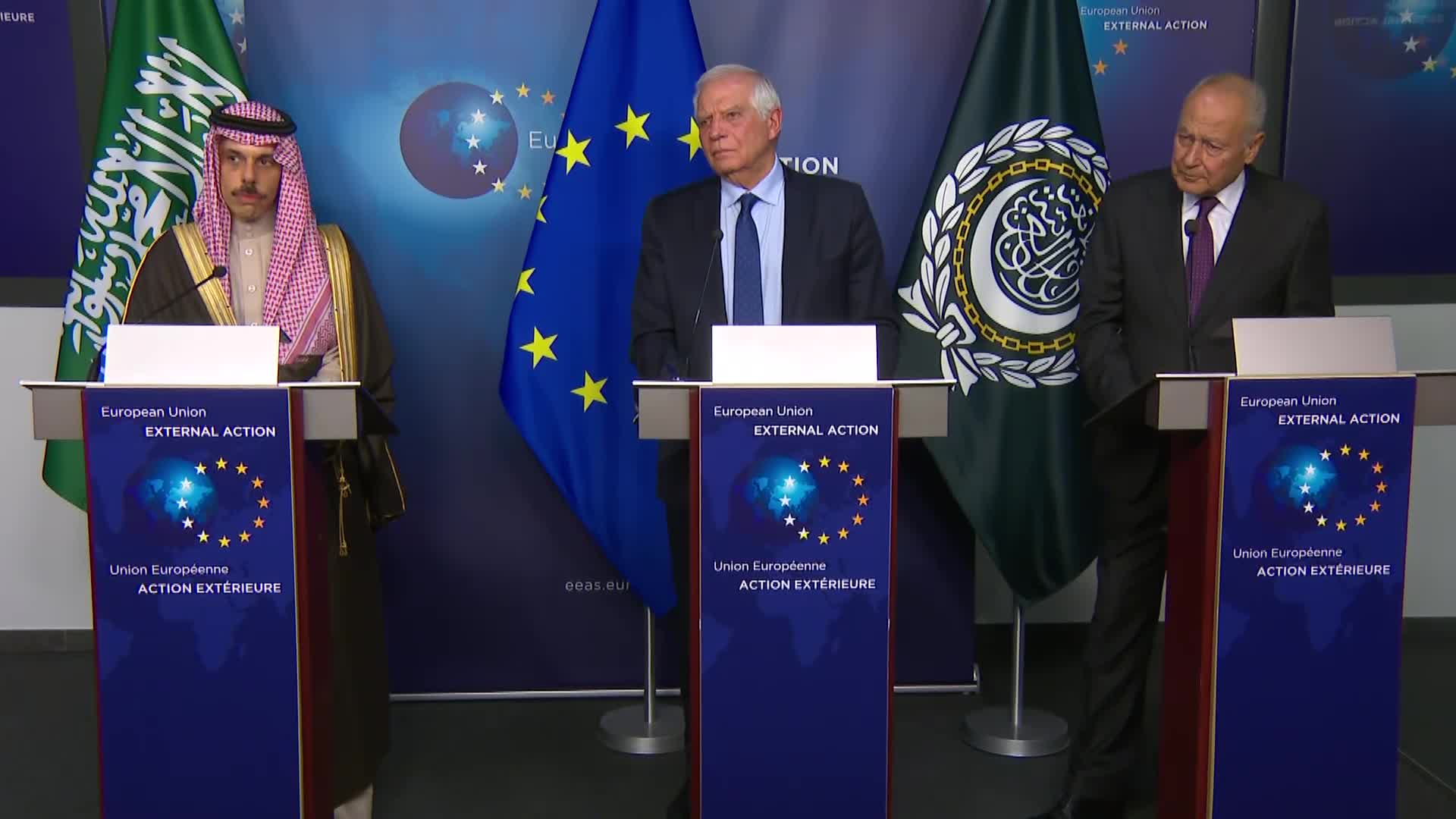 EU foreign policy chief, Saudi foreign minister, Arab League secretary-general discuss Middle East peace